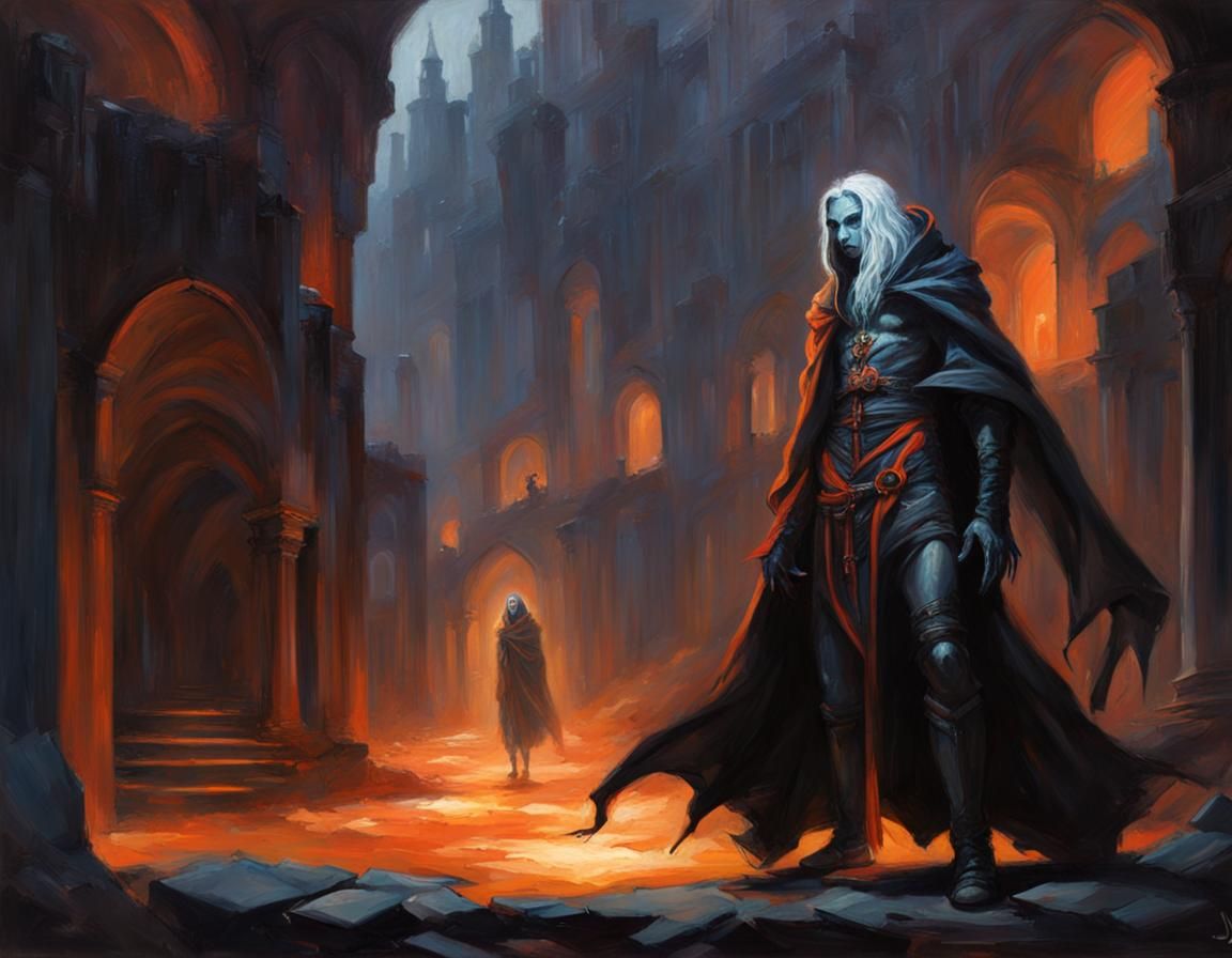 Drow Shadow Sorcerer in Subterranean Cityscape Oil Painting