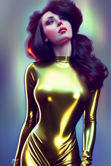 Brunette in Latex Dress: Digital Art Portrait