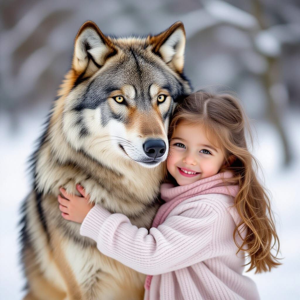 Girl and Wolf Embrace in Tender Moment