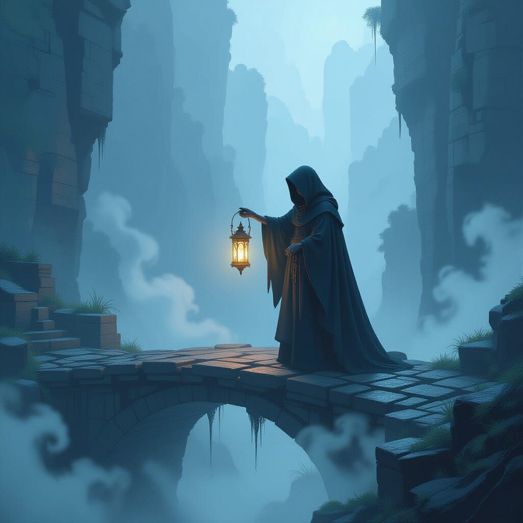 Cloaked Figure on Ancient Bridge with Ornate Lantern
