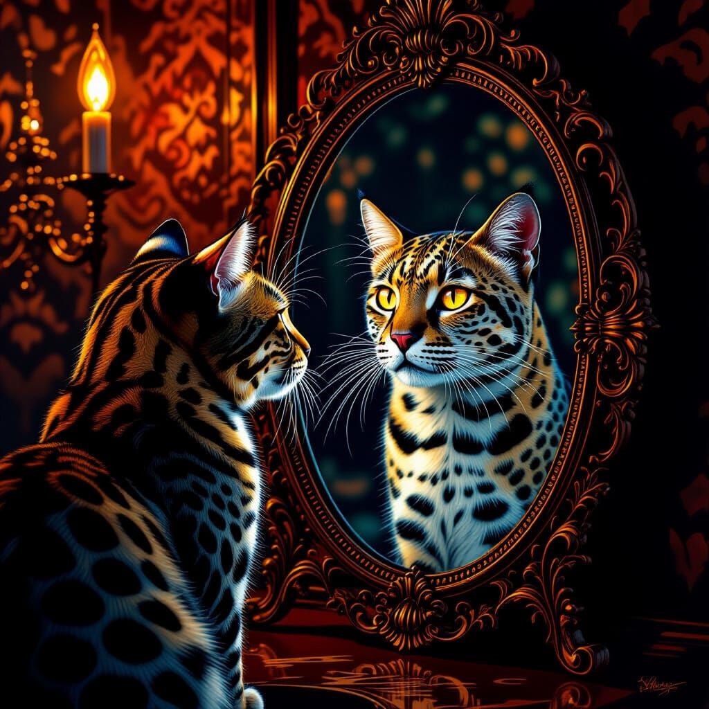 Cat's Reflection Reveals Majestic Leopard in Surreal Style