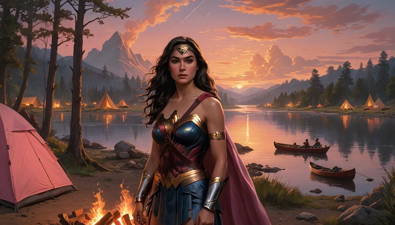 Wonderwoman at Campsite Painting at Sunset