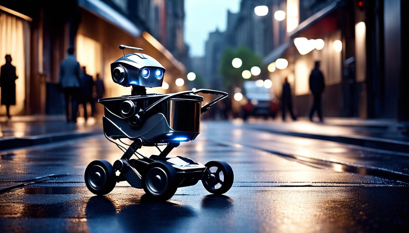 Robot Pushing Stroller in Hyperrealistic Style