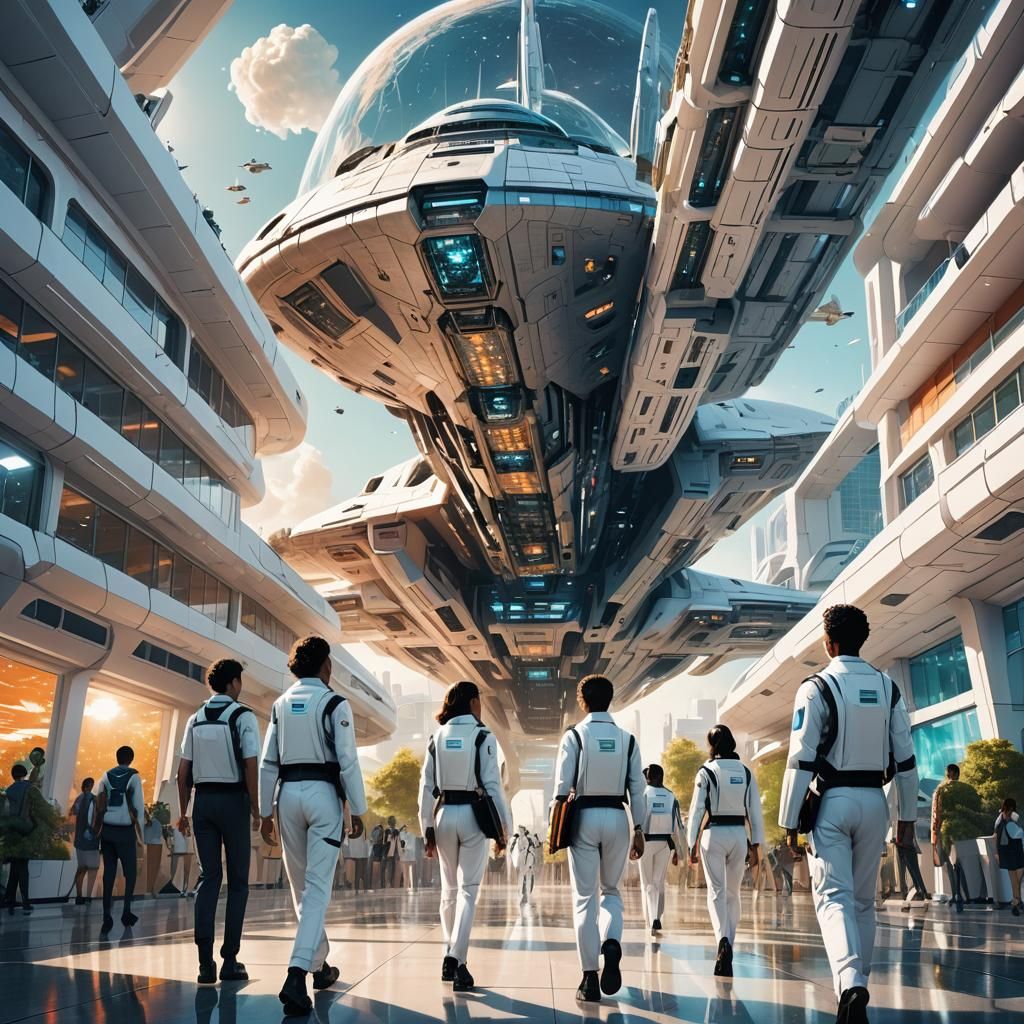 Futuristic Campus with Spaceship in Sci-Fi Illustration
