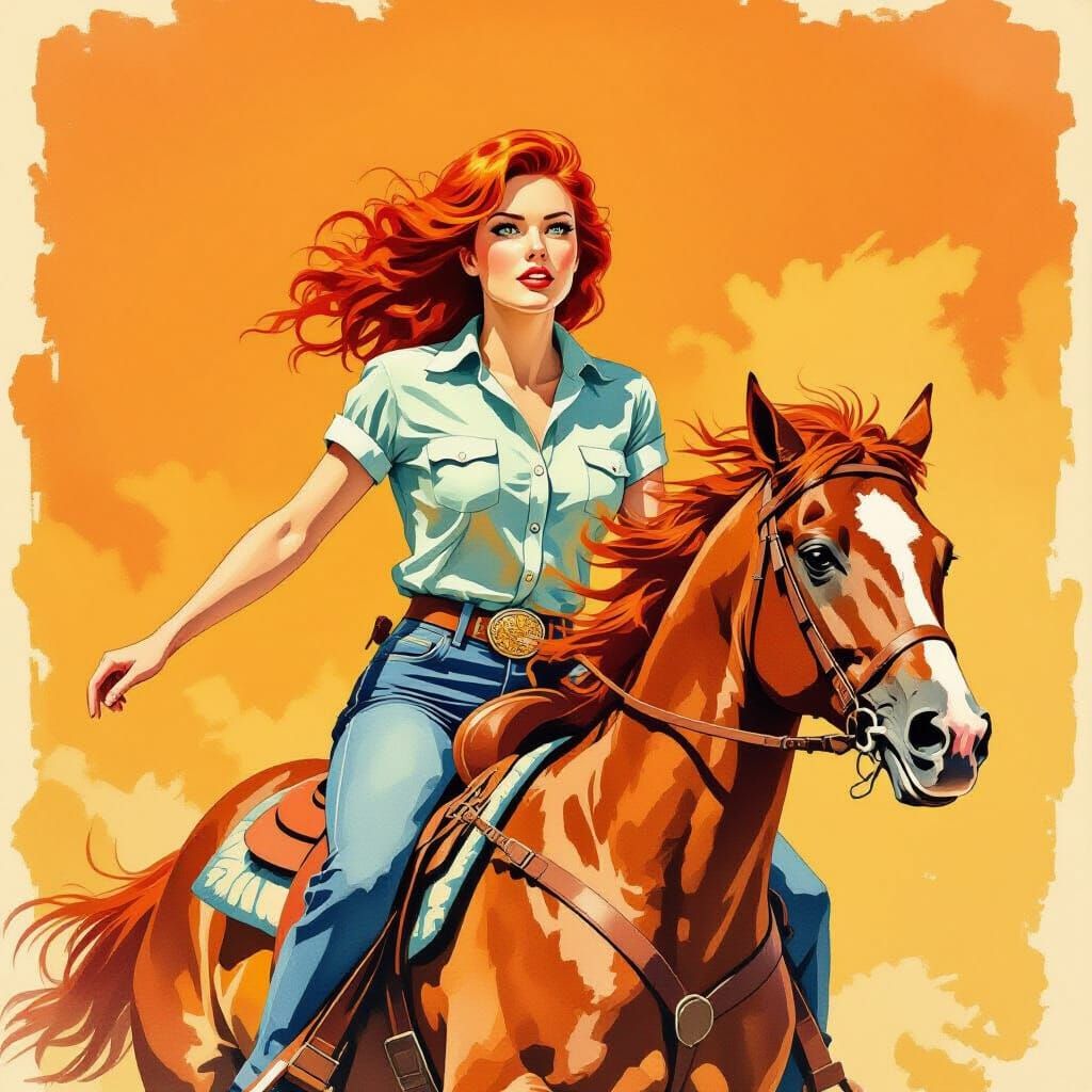 Fiery Cowgirl Rides in Vintage Watercolor Style