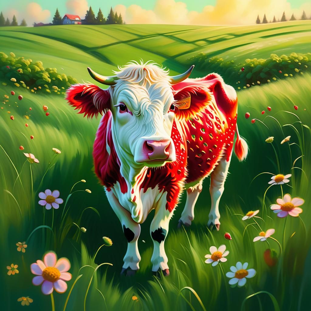 Strawberry Cow in Field: Whimsical Oil Painting