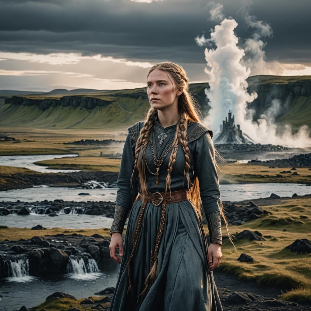 Brunhild in Icelandic Landscape with Geyser and Castle