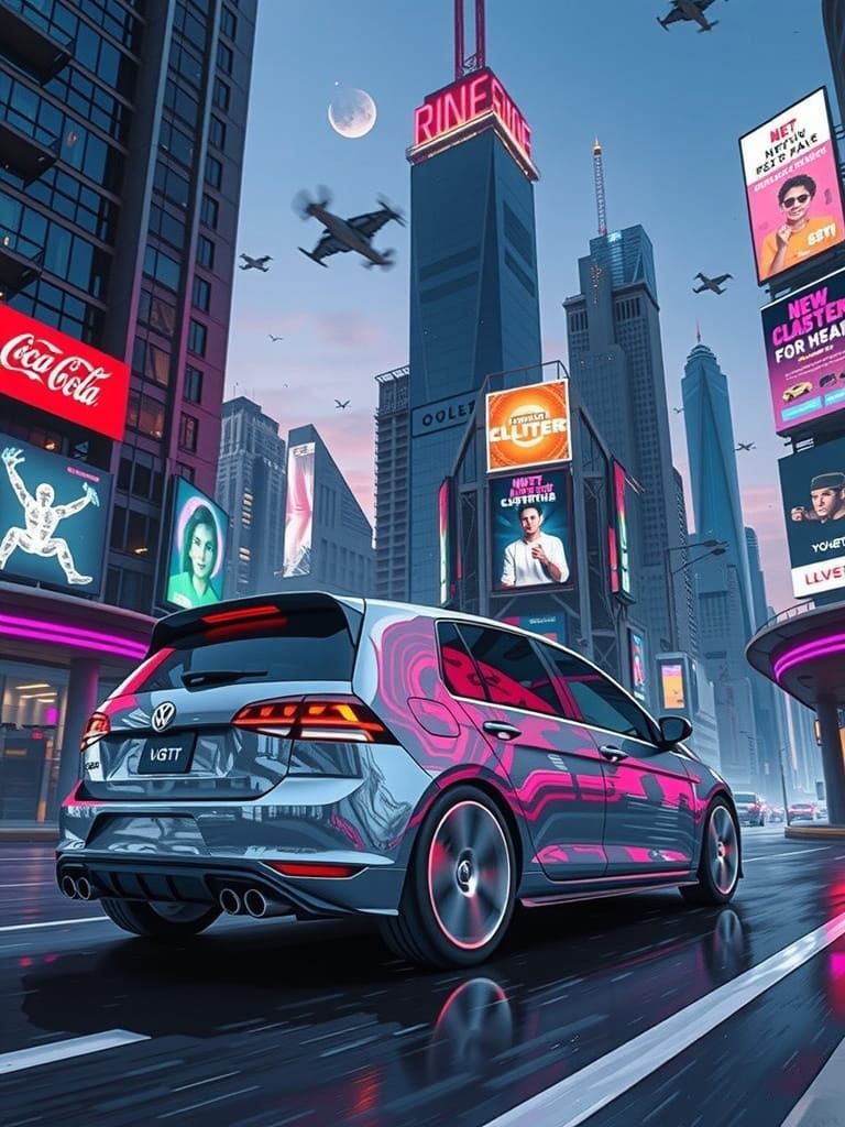 Sleek Chrome GTI Speeds Through Cyberpunk Cityscape
