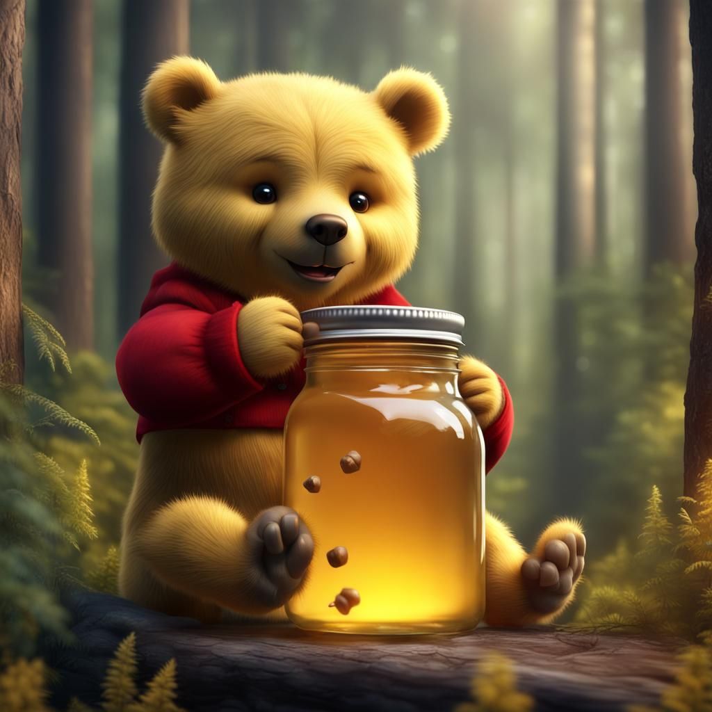 Happy Bear Enjoying Honey in a Sunny Forest