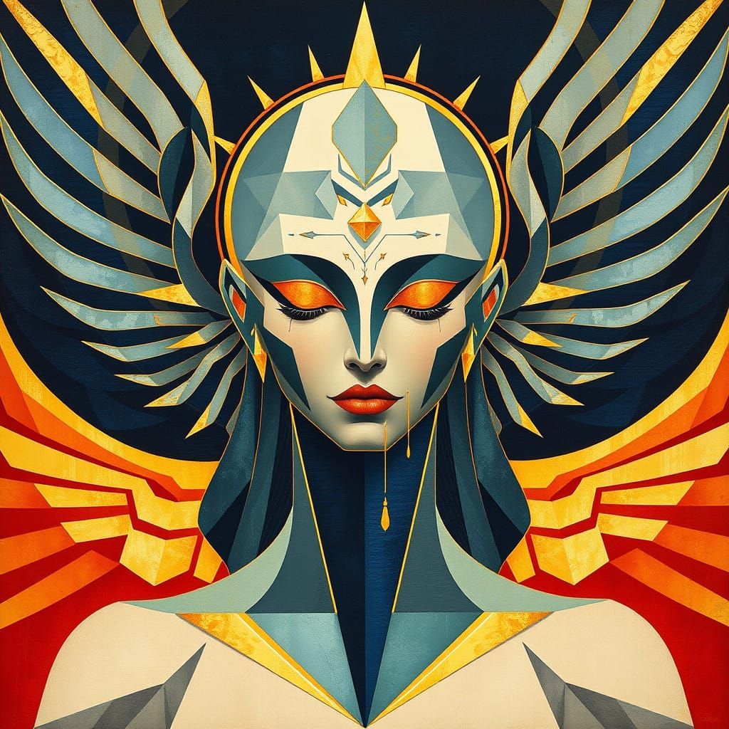 Portrait geometric art deco Deity Winged Golden outlines Fie...