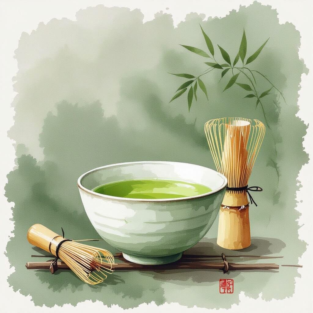 Japandi Matcha Bowl & Whisk Watercolor Art