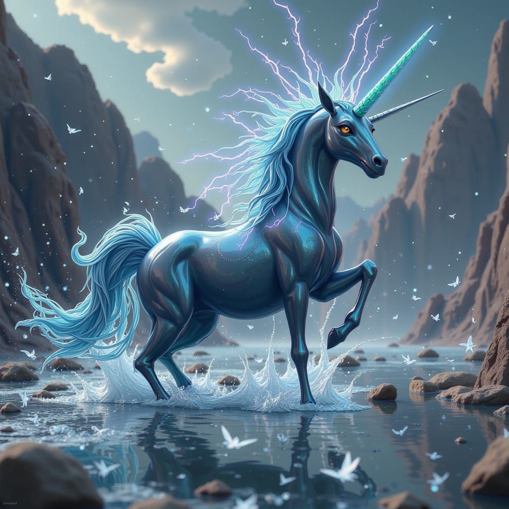 Water Unicorn Rearing in Arid Desert, 3D Rendered