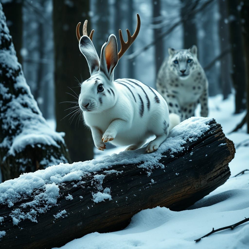 Majestic White Rabbit Leaps Through Snowy Forest