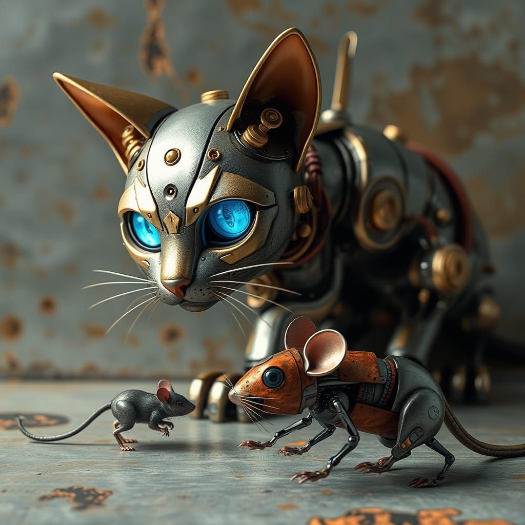Robot cat with robot mouse friends