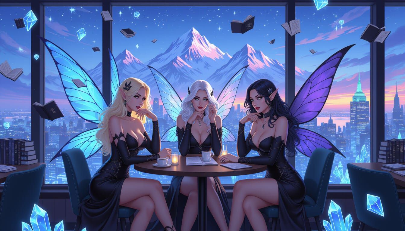 Fantasy Women in Library Diner, Comic Book Style
