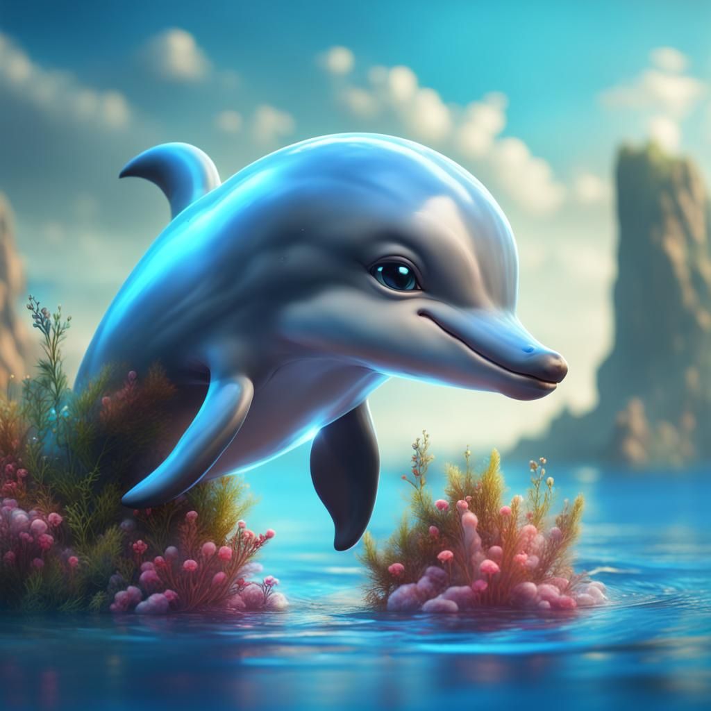 Cute Baby Dolphin in Detailed Digital Painting