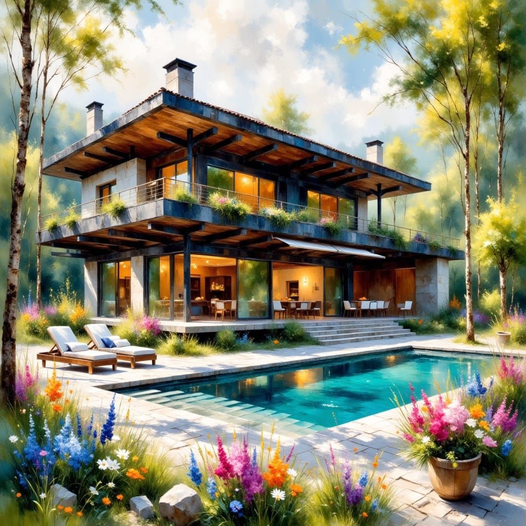 Modern Villa with Orchard in Impressionist Style