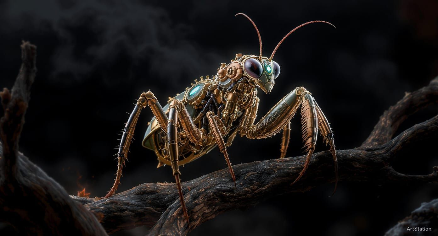 Steampunk Mechanical Mantis with Clockwork Details