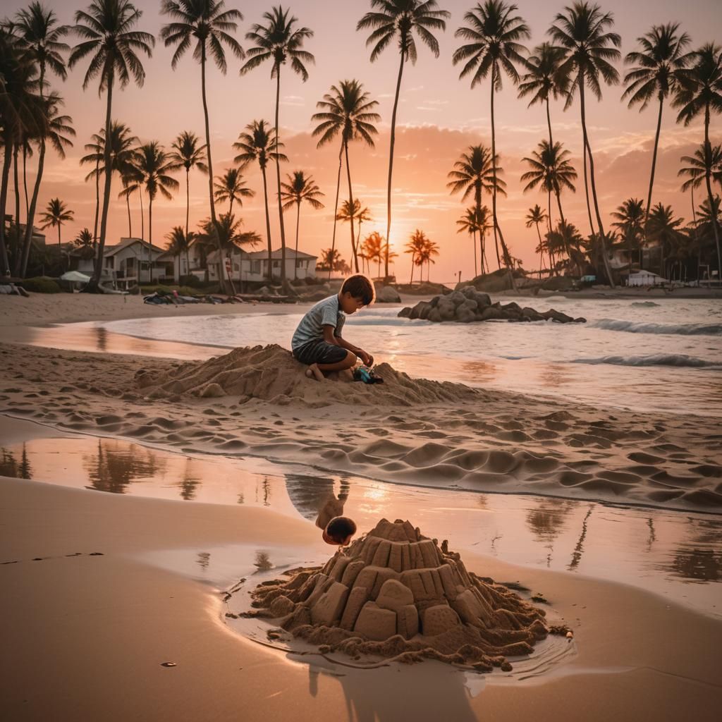 Beach Sunset Sandcastle in Golden Light