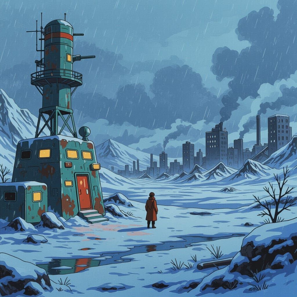 Retro 80s Anime Science Station in Nordic Wilderness