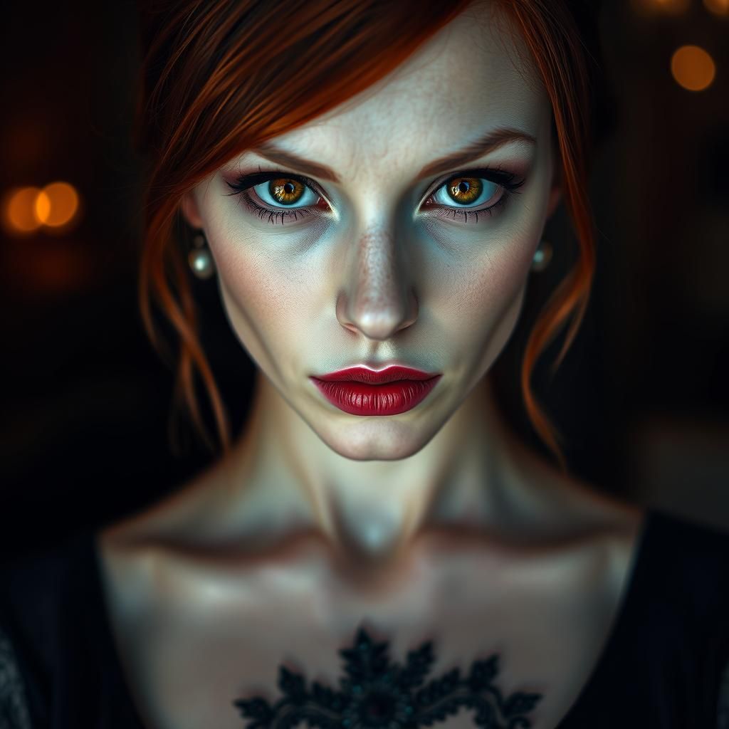 Captivating Redhead Vampire Portrait in Hyperrealistic Style