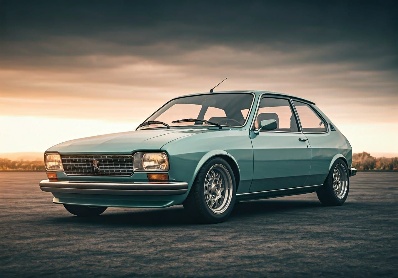 Retro Futuristic 1974 Peugeot 208 in Cinematic Golden Light