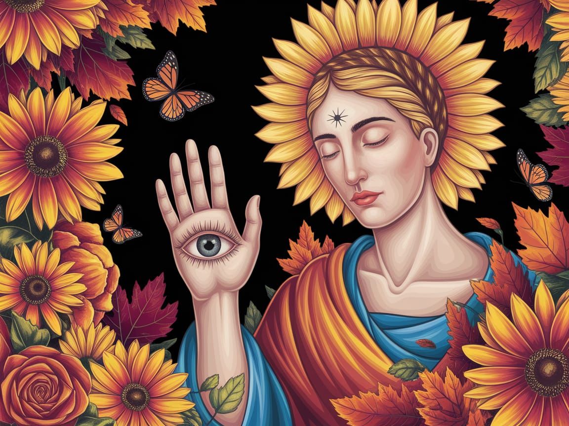 Serene Figure with Sunflower Halo in Vibrant Autumn Landscap...