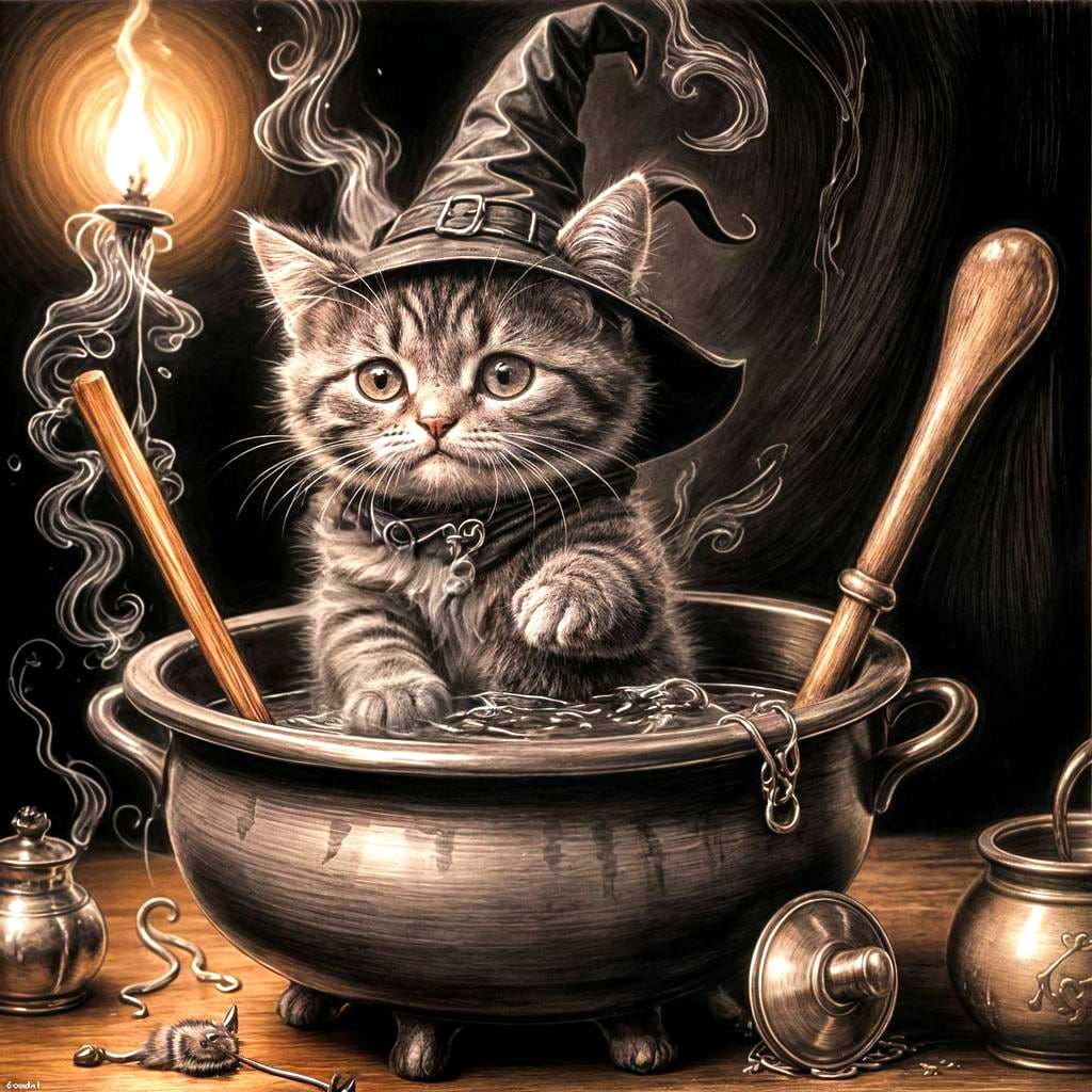 Cute Kitten Brews Magic Potion: Charcoal Drawing