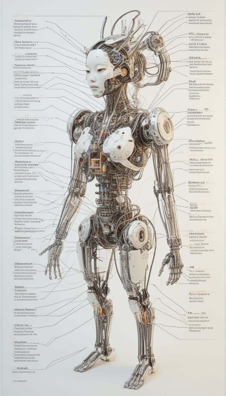 Cyborg Geisha Cutaway Diagram in Cyberpunk Style
