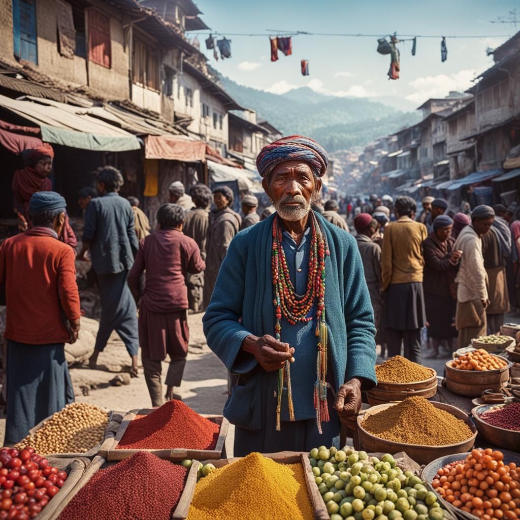 Kathmandu Market, 1970s: Hyperrealistic Photo