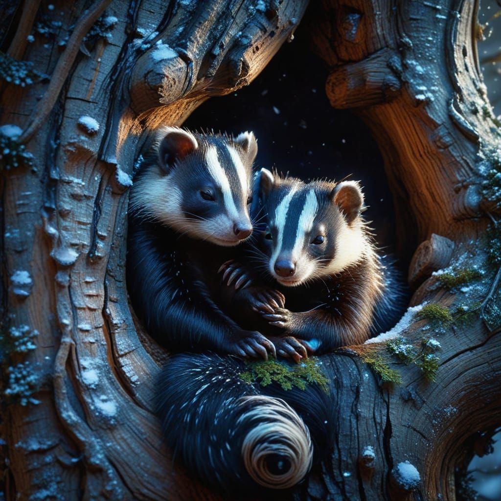 Snowy Skunks in Tree Hollow at Night