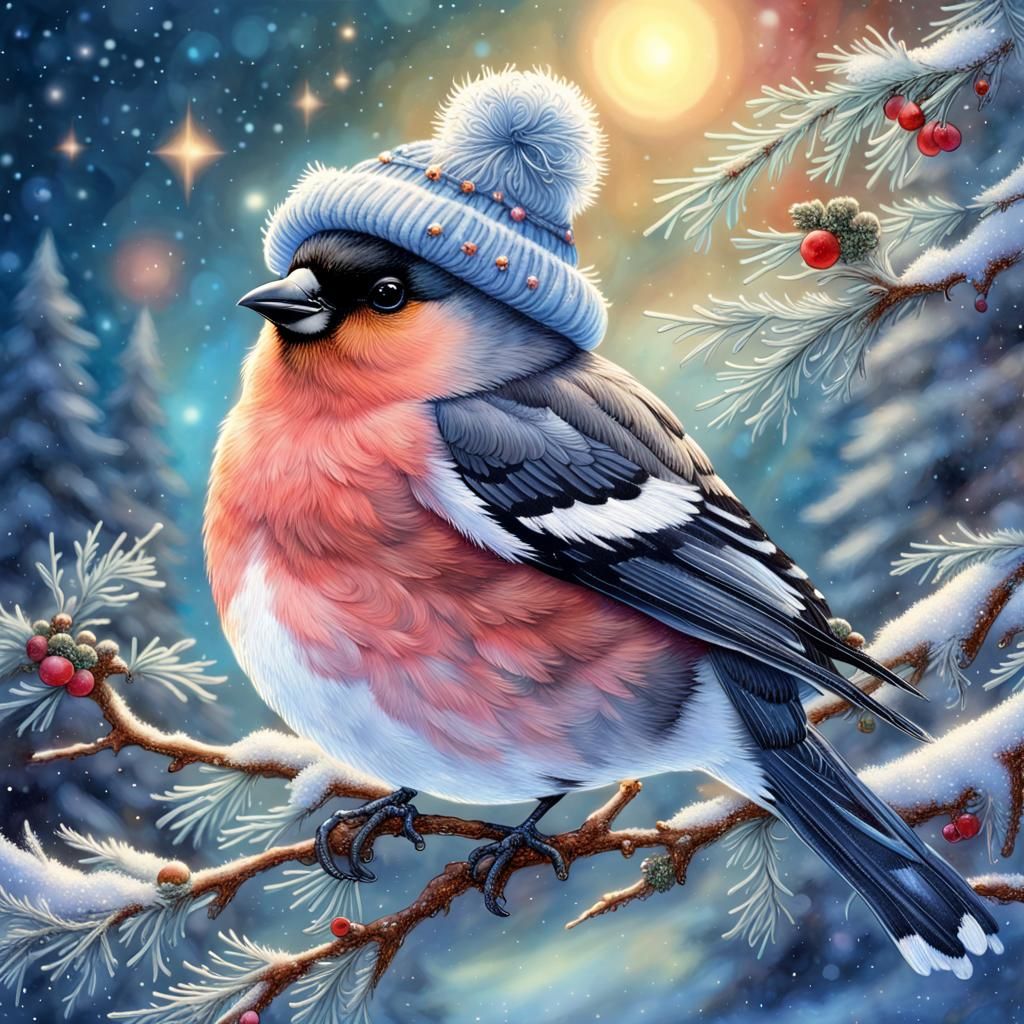 Charming Winter Bullfinch in a Cosmic Winter Scene