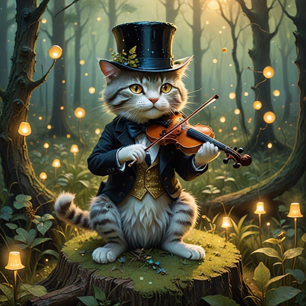 Whimsical Cat Plays Fiddle in Enchanted Forest