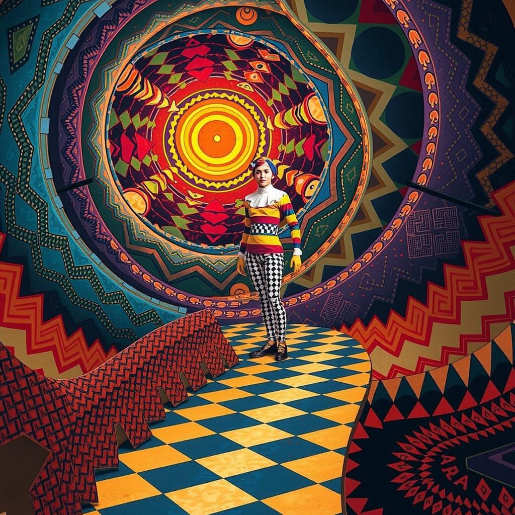 Harlequin Figure in Hypnotic Geometric Maze