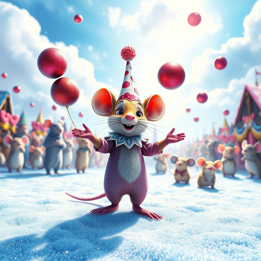 Whimsical Jester Mouse in Snowy Wonderland