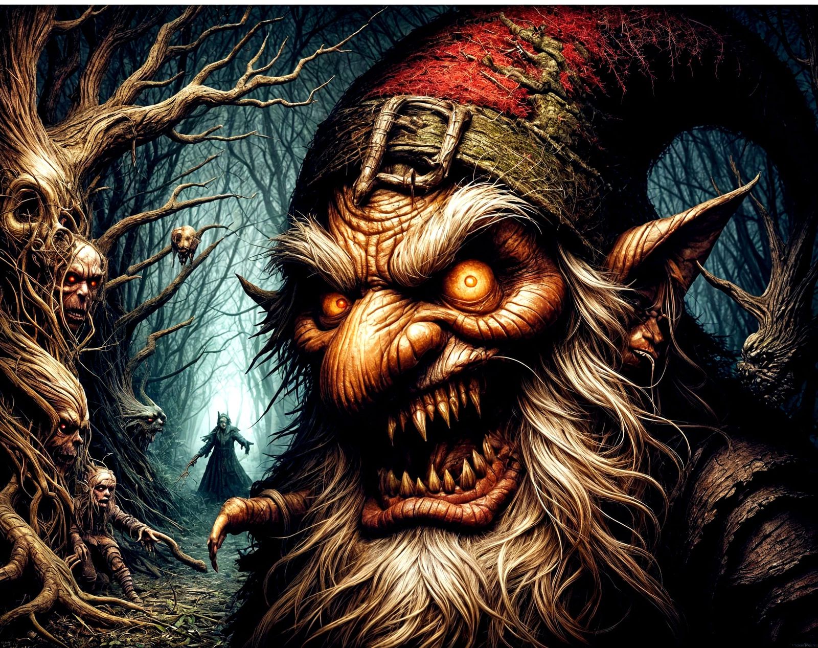 Evil Gnome in Malevolent Forest: Dark Fantasy Art