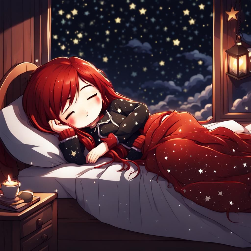 Two Girls Sleeping in Starry Clothing, Chibi Style