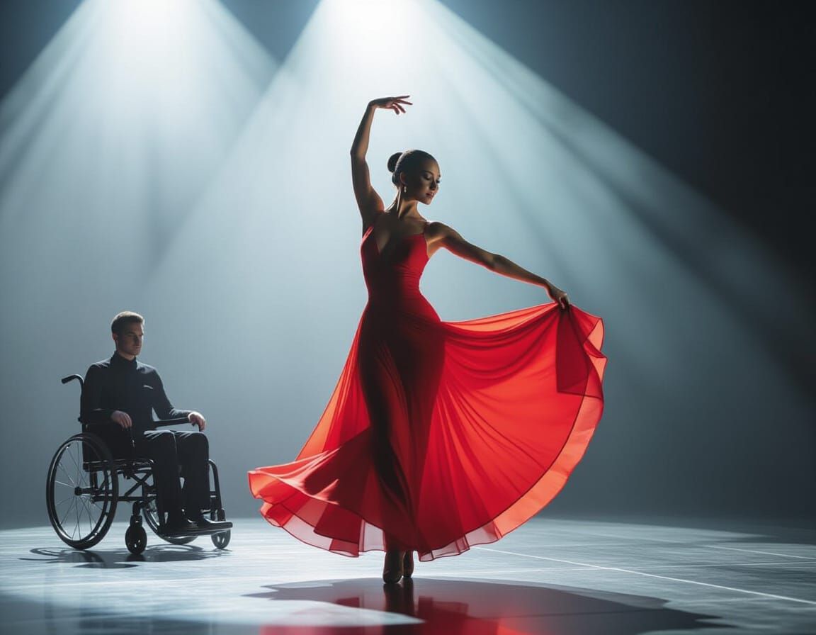 Elegant Dancer in Red with Figure in Shadow