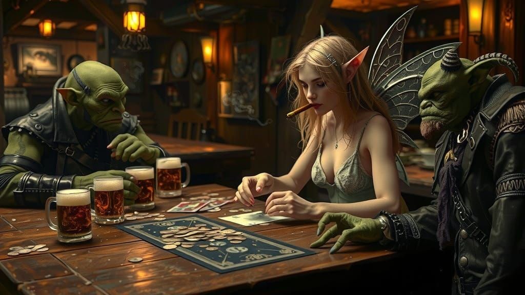 Fairy in Tavern with Orcs, Frazetta-esque Style