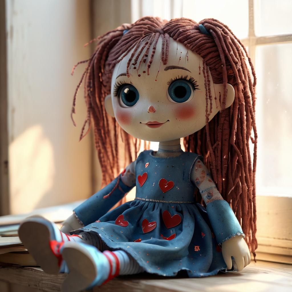 CGI Cyborg Rag-Doll on Bookshelf, Fantasy Artwork