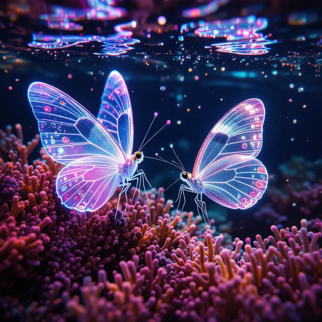 Neon Cyberpunk Underwater Sea Angels and Butterflies