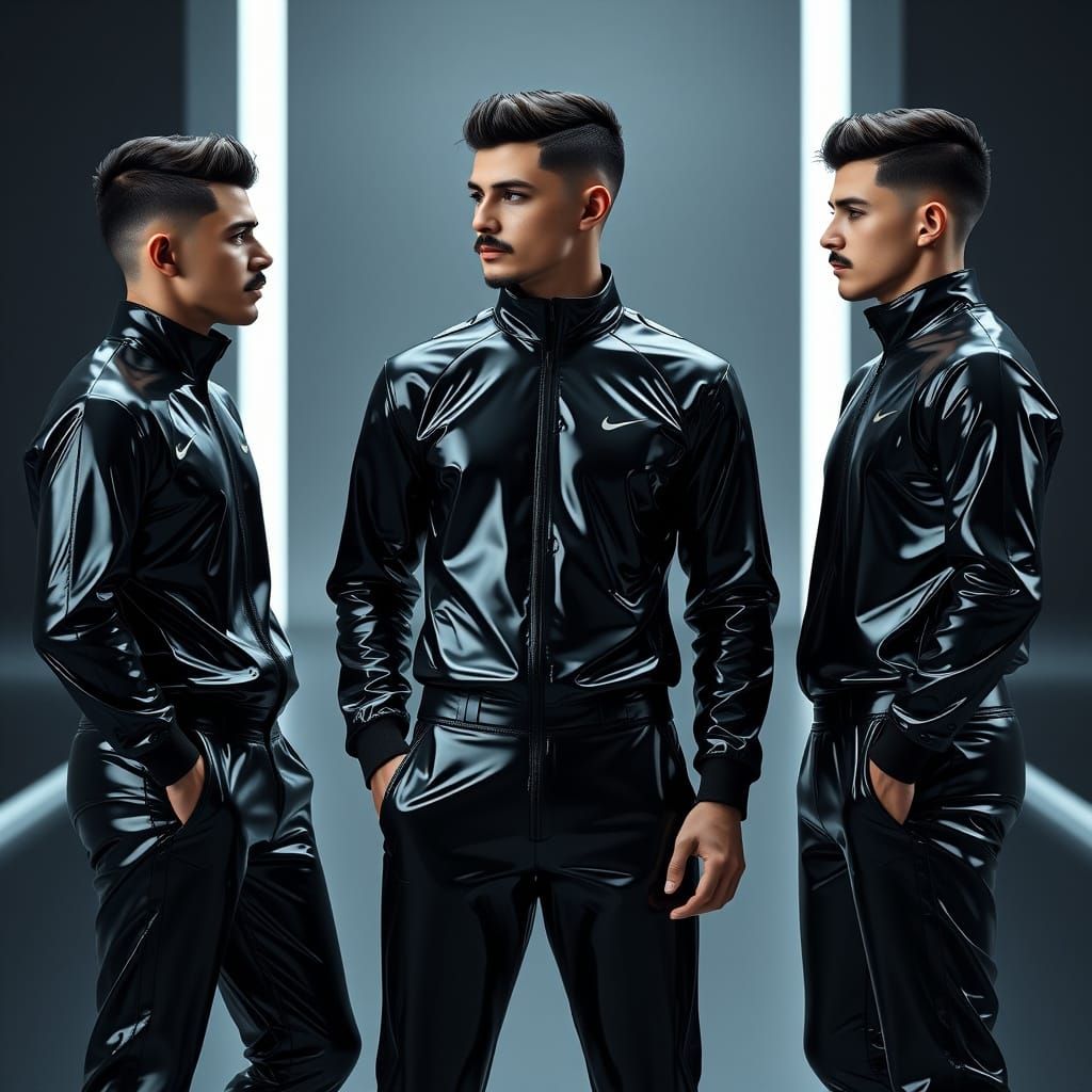 Futuristic Men in PVC Tracksuits, Hyper-Realistic Render