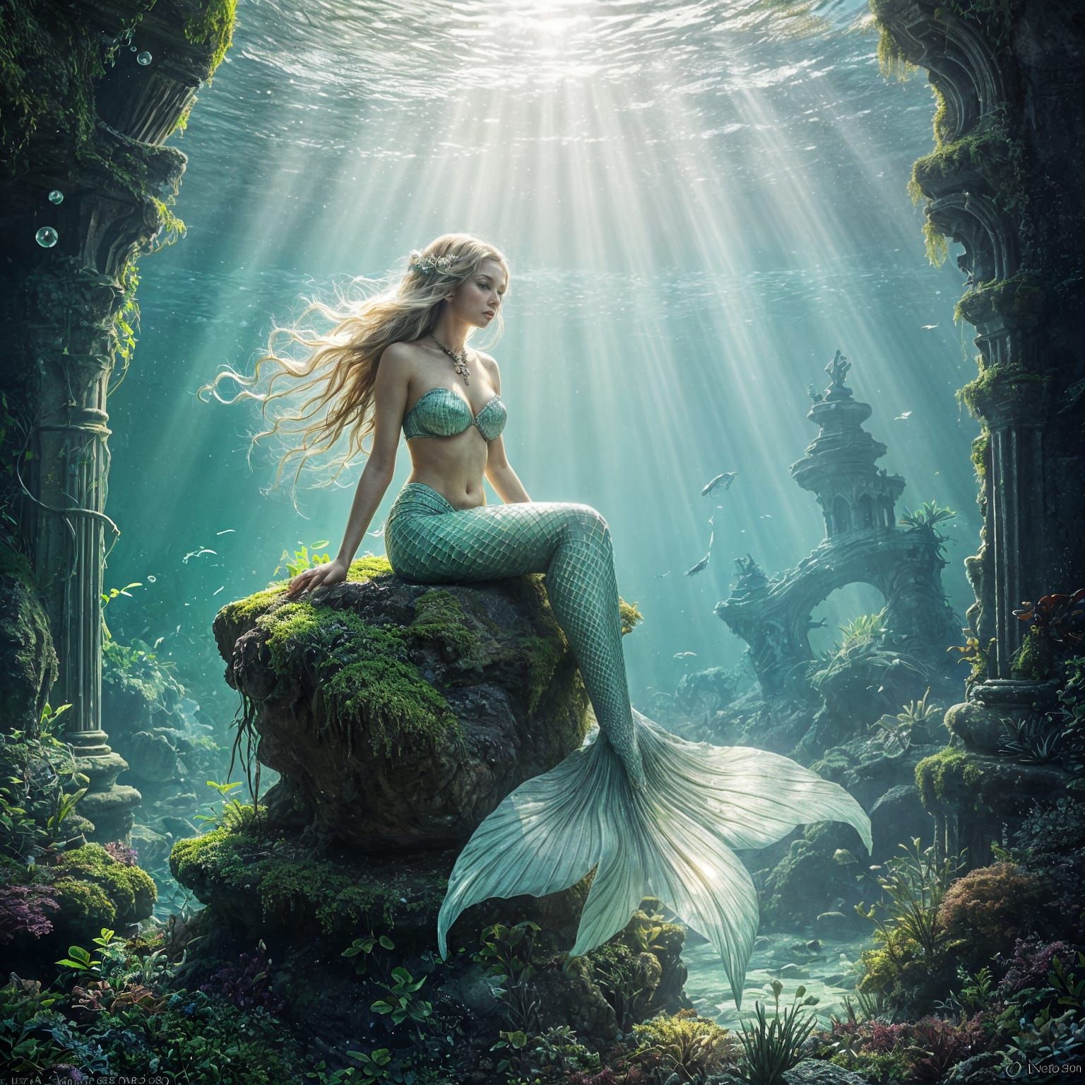 Enchanted Mermaid on Underwater Statue in Luminous Fantasy S...