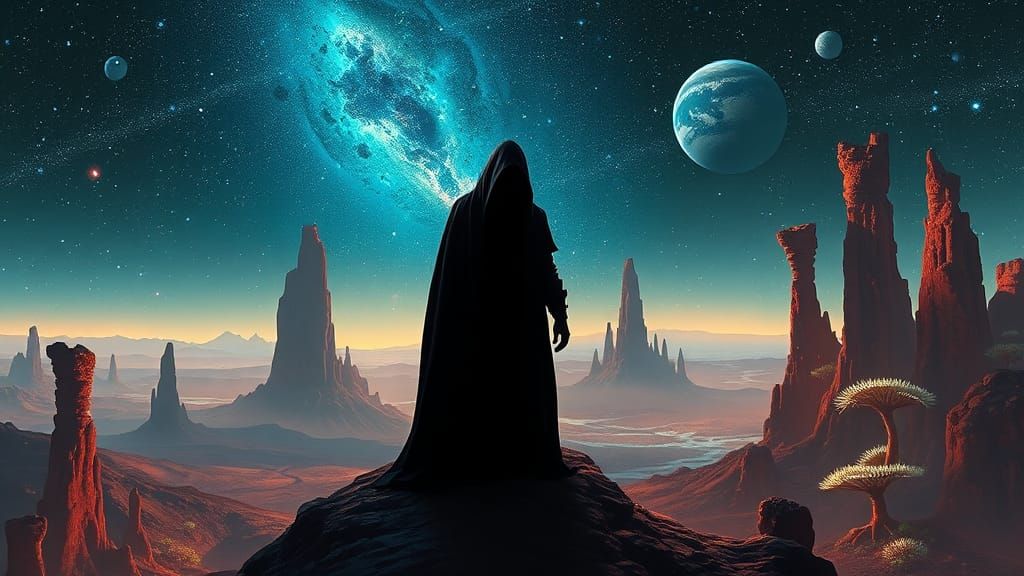 Enigmatic Figure on Alien World with Spacescape