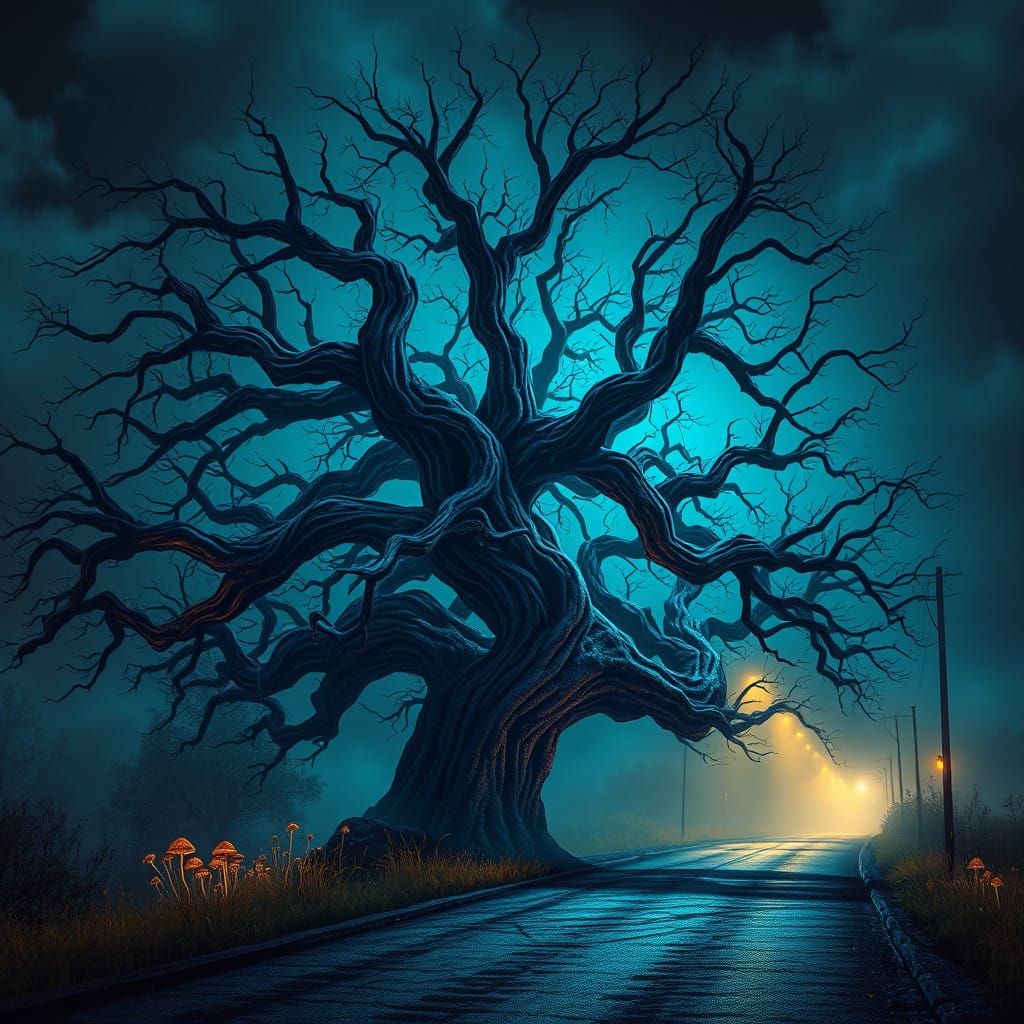 Twisted Tree in Eerie Nighttime Landscape