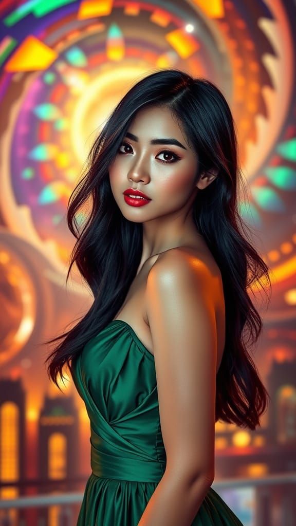 Prism-Fractured Portrait of Asian Woman in Gown