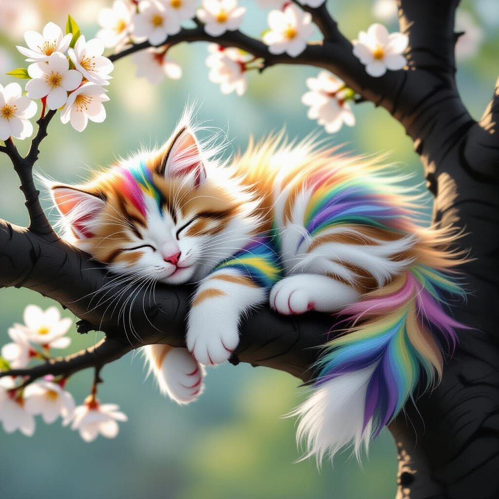 Rainbow Kitten Sleeps on Blooming Tree Branch