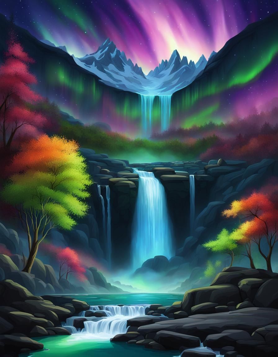 Fantasy Aurora Borealis Over Waterfall