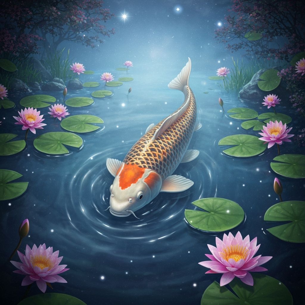 Celestial Koi Fish in Starlit Pond, Ethereal Art