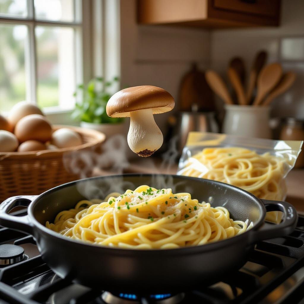 Mushroom's Great Escape: A Whimsical Kitchen Scene